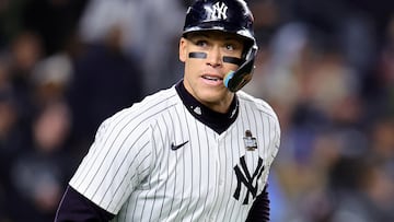 NEW YORK, NEW YORK - OCTOBER 28: Aaron Judge #99 of the New York Yankees reacts after being walked in the eighth inning against the Los Angeles Dodgers during Game Three of the 2024 World Series at Yankee Stadium on October 28, 2024 in the Bronx borough of New York City. Alex Slitz/Getty Images/AFP (Photo by Alex Slitz / GETTY IMAGES NORTH AMERICA / Getty Images via AFP)
