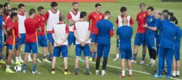 Spain coach Vicente del Bosque talks to the group.