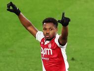 Monaco's Spanish forward #31 Ansu Fati celebrates scoring his team's first goal during the French L1 football match between AS Monaco and FC Lorient at the Stade Louis II in the Principality of Monaco on January 16, 2026. (Photo by Valery HACHE / AFP)