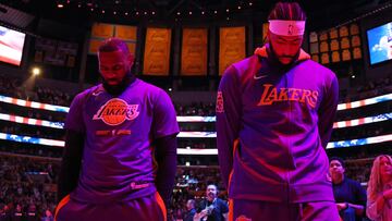 LOS ANGELES, CALIFORNIA - MAY 20: LeBron James #6 of the Los Angeles Lakers and Anthony Davis #3 of the Los Angeles Lakers stand for the national anthem before playing against the Denver Nuggets in game three of the Western Conference Finals at Crypto.com Arena on May 20, 2023 in Los Angeles, California. NOTE TO USER: User expressly acknowledges and agrees that, by downloading and or using this photograph, User is consenting to the terms and conditions of the Getty Images License Agreement. Harry How/Getty Images/AFP (Photo by Harry How / GETTY IMAGES NORTH AMERICA / Getty Images via AFP)