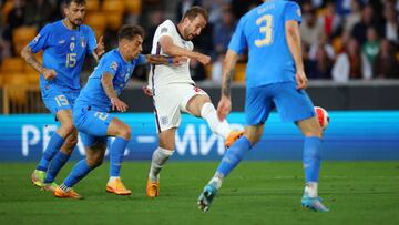 WOLVERHAMPTON, ENGLAND - JUNE 11: Harry Kane of England shoots during the UEFA Nations League - League A Group 3 match between England and Italy at Molineux on June 11, 2022 in Wolverhampton, England. (Photo by Eddie Keogh - The FA/The FA via Getty Images)