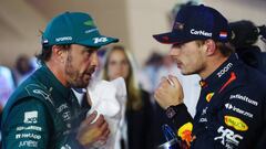 BAHRAIN, BAHRAIN - MARCH 05: Race winner Max Verstappen of the Netherlands and Oracle Red Bull Racing and Third placed Fernando Alonso of Spain and Aston Martin F1 Team talk in parc ferme during the F1 Grand Prix of Bahrain at Bahrain International Circuit on March 05, 2023 in Bahrain, Bahrain. (Photo by Bryn Lennon - Formula 1/Formula 1 via Getty Images)