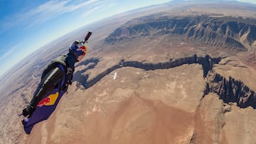 Max Manow wingsuiting to meet Luke Aikins flying his experimental plane as seen from Marco Fürst's perspective above the Little Colorado River Canyon during the Endless Skydive project on the Navajo Nation in northern Arizona, USA on November 11, 2024.