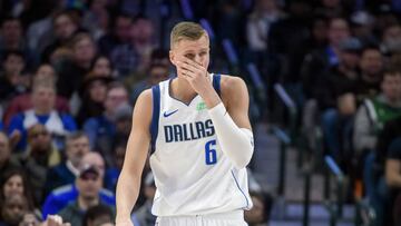Feb 5, 2020; Dallas, Texas, USA; Dallas Mavericks forward Kristaps Porzingis (6) comes off the court with a bloody and broken nose during the second half against the Memphis Grizzlies at the American Airlines Center. Mandatory Credit: Jerome Miron-USA TODAY Sports