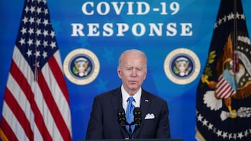 US President Joe Biden speaks on the production of the Covid-19 vaccine in the South Court Auditorium, next to the White House, in Washington, DC, on March 10, 2021. 