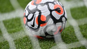 BURNLEY, ENGLAND - AUGUST 14: A general view of the Premier League Nike Flight match ball prior to the Premier League match between Burnley and Brighton & Hove Albion at Turf Moor on August 14, 2021 in Burnley, England. (Photo by Nathan Stirk/Getty Images)