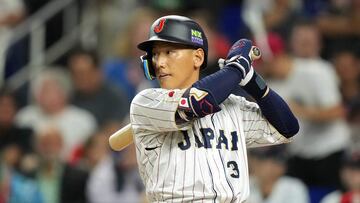 MIAMI, FLORIDA - MARCH 20: Masataka Yoshida #34 of Team Japan at bat against Team Mexico during the second inning during the World Baseball Classic Semifinals at loanDepot park on March 20, 2023 in Miami, Florida.   Eric Espada/Getty Images/AFP (Photo by Eric Espada / GETTY IMAGES NORTH AMERICA / Getty Images via AFP)