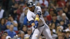 New York Yankees&#039; Edwin Encarnacion hits an RBI double during the ninth inning of a baseball game against the Boston Red Sox in Boston, Saturday, Sept. 7, 2019. (AP Photo/Michael Dwyer)