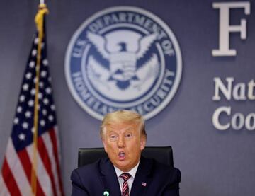 U.S. President Donald President Trump speaks during a briefing on Hurricane Laura at the Federal Emergency Management Agency (FEMA) headquarters in Washington, U.S., August 27, 2020.