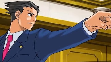 Phoenix Wright en el estrado, defendiendo a sus clientes después de investigar la escena del crimen.