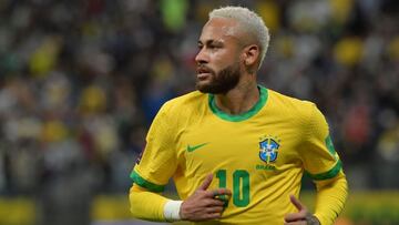 Brazil&#039;s Neymar gestures during the South American qualification football match against Colombia for the FIFA World Cup Qatar 2022, at the Neo Quimica Arena, previously known as Arena Corinthians, in Sao Paulo, Brazil, on November 11, 2021. (Photo by