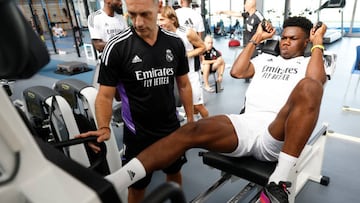 MADRID, SPAIN - JULY 17: Aurelien Tchouameni, of Real Madrid, is training with his teammates at Valdebebas training ground on July 17, 2022 in Madrid, Spain. (Photo by Antonio Villalba/Real Madrid via Getty Images)