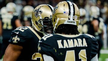 Nov 19, 2017; New Orleans, LA, USA; New Orleans Saints running back Mark Ingram (22) celebrates after a touchdown with running back Alvin Kamara (41) during the first quarter of a game against the Washington Redskins at the Mercedes-Benz Superdome. Mandatory Credit: Derick E. Hingle-USA TODAY Sports