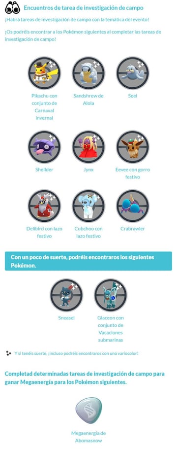 Pok&eacute;mon disponibles al completar Tareas de Investigaci&oacute;n de Campo en el evento Fiestas Invernales Segunda Parte de Pok&eacute;mon GO