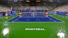 Aug 8, 2022; Montreal, QC, Canada;  General view of centre court during the rain fall in first round play in the National Bank Open at IGA Stadium. Evening session matches were postponed due to the forecast. Mandatory Credit: Eric Bolte-USA TODAY Sports