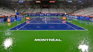Aug 8, 2022; Montreal, QC, Canada; General view of centre court during the rain fall in first round play in the National Bank Open at IGA Stadium. Evening session matches were postponed due to the forecast. Mandatory Credit: Eric Bolte-USA TODAY Sports