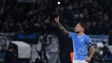 Lazio's Italian forward #17 Ciro Immobile celebrates after scoring the team's second goal during the UEFA Champions League Group E football match between Lazio and Celtic Glasgow at the Olympic stadium in Rome on November 28, 2023. (Photo by Filippo MONTEFORTE / AFP)