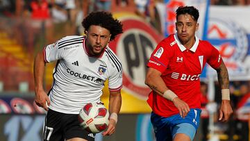 Futbol, Universidad Catolica vs Colo Colo.
Fecha 10, campeonato Nacional 2023.
El jugador de Universidad Catolica Fernando Zampedri, derecha, disputa el balon con Maximiliano Falcon de Colo Colo. durante el partido de primera division realizado en el estadio Santa Laura en Santiago, Chile.
15/04/2023
Dragomir Yankovic/Photosport

Football, Universidad Catolica vs Colo Colo.
10nd turn, 2023 National Championship.
Universidad Catolica's playerFernando Zampedri, right, vies for the ball against Maximiliano Falcon  of  Colo Colo. during the first division match at the stadium Santa Laura stadium in Santiago, Chile.
15/04/2023
Dragomir Yankovic/Photosport