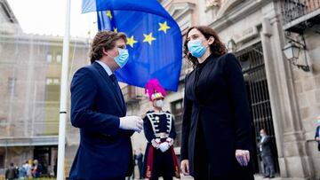 The President of the Community of Madrid Isabel D&Atilde;&shy;az Ayuso and Jose Luis Martinez Almeida  in a commemoration event on Europe Day in Madrid 09 May 2020