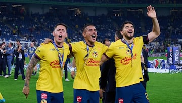 Brian Rodriguez, Jonathan DOs Santos and Henry Martin of America during the final second-leg match between Monterrey and America as part of the Torneo Apertura 2024 Liga MX at BBVA Bancomer Stadium, on December 15, 2024 in Monterrey, Nuevo Leon, Mexico.