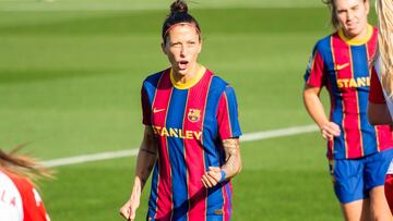 Jenni Hermoso celebra un gol con el Bar&ccedil;a. 