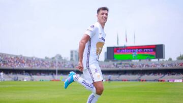 MEXICO CITY, MEXICO - MAY 01: Juan Dinenno of Pumas celebrates after scoring his team's second goal during the 17th round match between Pumas UNAM and Pachuca as part of the Torneo Grita Mexico C22 Liga MX at Olimpico Universitario Stadium on May 1, 2022 in Mexico City, Mexico. (Photo by Mauricio Salas/Jam Media/Getty Images)