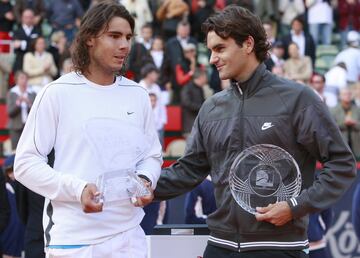 Rafa Nadal en el Masters de Hamburgo 2008, ganó a Roger Federer por 7-5, 6-7, 6-3.