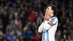 Real Sociedad's Spanish midfielder #10 Mikel Oyarzabal reacts after missing in the penalty shootout during the Spanish Copa del Rey (King's Cup) semi final second leg football match between Real Sociedad and RCD Mallorca at the Anoeta stadium in San Sebastian on February 27, 2024. (Photo by ANDER GILLENEA / AFP)