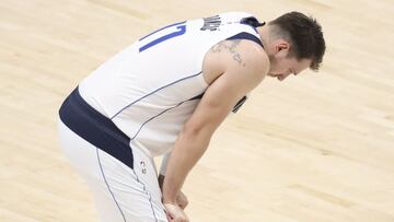 May 30, 2021; Dallas, Texas, USA; Dallas Mavericks guard Luka Doncic (77) reacts during the third quarter against the LA Clippers in game four in the first round of the 2021 NBA Playoffs at American Airlines Center. Mandatory Credit: Kevin Jairaj-USA TODAY Sports