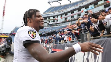 Sep 25, 2022; Foxborough, Massachusetts, USA; Baltimore Ravens quarterback Lamar Jackson (8) reacts after defeating the New England Patriots at Gillette Stadium. Mandatory Credit: Paul Rutherford-USA TODAY Sports