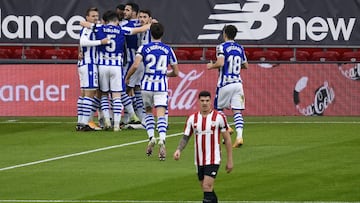 La Real celebra el gol de la victoria en el &uacute;ltimo derbi vasco. 