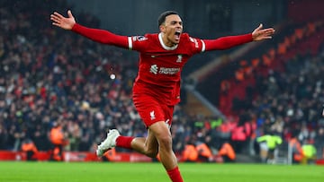 LIVERPOOL, ENGLAND - DECEMBER 03: Trent Alexander-Arnold of Liverpool celebrates scoring his side's fourth goal during the Premier League match between Liverpool FC and Fulham FC at Anfield on December 03, 2023 in Liverpool, England. (Photo by Chris Brunskill/Fantasista/Getty Images)