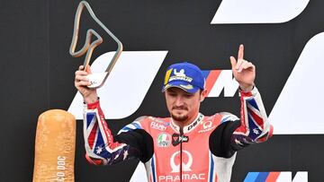 Pramac Racing&#039;s Australian rider Jack Miller celebrates on the podium after finishing second in the MotoGP Styrian Grand Prix on August 23, 2020 at Red Bull Ring circuit in Spielberg bei Knittelfeld, Austria. (Photo by Joe Klamar / AFP)