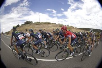 El ciclista murciano Alejandro Valverde (Movistar), con el maillot rojo de líder de la general, en el pelotón durante la octava etapa de La Vuelta Ciclista a España 2014, en su 69 edición, que ha partido de Baeza (Jaén) y que terminará en Albacete, con una distancia de 207 kilómetros. 