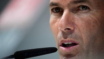 Real Madrid&#039;s French coach Zinedine Zidane holds a press conference at Real Madrid&#039;s sports city in Madrid on August 16, 2019. (Photo by JAVIER SORIANO / AFP)