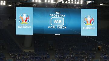 SAINT PETERSBURG, RUSSIA - JUNE 21: A general view inside the stadium as the LED screen shows a VAR goal check is underway during the UEFA Euro 2020 Championship Group B match between Finland and Belgium at Saint Petersburg Stadium on June 21, 2021 in Sai