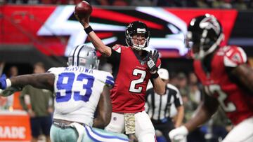 Nov 12, 2017; Atlanta, GA, USA; Atlanta Falcons quarterback Matt Ryan (2) attempts a pass against Dallas Cowboys defensive end Benson Mayowa (93) in the third quarter at Mercedes-Benz Stadium. Mandatory Credit: Jason Getz-USA TODAY Sports