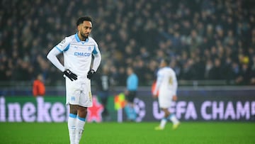 Marseille's Gabonese forward #97 Pierre-Emerick Aubameyang reacts at the end of the UEFA Champions League, league phase day 8, football match between Club Brugge KV and Olympique de Marseille, at the Jan Breydel Stadium in Bruges on January 28, 2026. (Photo by NICOLAS TUCAT / AFP)