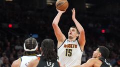 May 11, 2023; Phoenix, Arizona, USA; Denver Nuggets center Nikola Jokic (15) shoots against the Phoenix Suns during the second half of game six of the 2023 NBA playoffs at Footprint Center. Mandatory Credit: Joe Camporeale-USA TODAY Sports