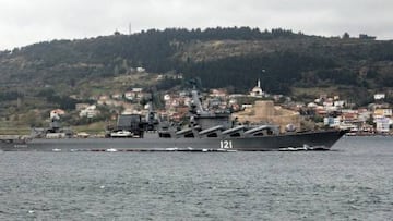 CANAKKALE, TURKIYE - (ARCHIVE): A file photo dated November 15, 2013 shows guided missile cruiser of the Russian Navy, Moskva, passing through the Dardanelles strait in Canakkale, Turkiye. Russian Defense Ministry says fire broke out on naval cruiser Moskva. "As a result of a fire, ammunition exploded on the Moskva missile cruiser. The ship was seriously damaged. The crew was completely evacuated,â the ministry said in a statement. Late Wednesday, Maksym Marchenko, the head of Ukraineâs Odessa Regional Military Administration, said the Ukrainian military had struck the warship with two Neptune class anti-ship missiles, causing severe damage. (Photo by Burak Akay/Anadolu Agency via Getty Images)