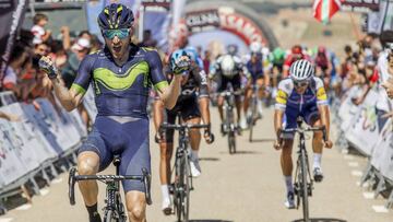 GRA345. BURGOS, 04/08/2017.- El ciclista burgalés del equipo Movistar, Carlos Barbero, tras ganar la cuarta etapa de la Vuelta Ciclista a Burgos, que ha transcurrido entre Bodegas Nabal y Clunia con un recorrido de 147 kilómetros. EFE/Santi Otero