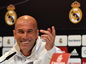Real Madrid's French coach Zinedine Zidane smiles during a press conference on the eve of the Spanish Copa del Rey game vs Sevilla FC.