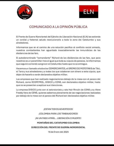 ¿Por qué el ELN ha declarado objetivo militar a Ecopetrol, comerciantes, Disico y Sens de Norte de Santander?