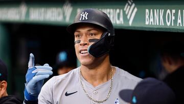 BOSTON, MA - JUNE 16: Aaron Judge #99 of the New York Yankees points to a teamate in the dugout after his home run against the Boston Red Sox during the first inning at Fenway Park on June 16, 2024 in Boston, Massachusetts. (Photo By Winslow Townson/Getty Images) (Photo by Winslow Townson / GETTY IMAGES NORTH AMERICA / Getty Images via AFP)