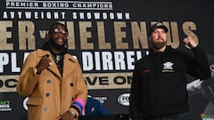 US boxer Deontay Wilder (L) and Swedish-Finnish boxer Robert Helenius gesture during a press conference in New York City