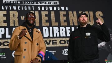 US boxer Deontay Wilder (L) and Swedish-Finnish boxer Robert Helenius gesture during a press conference in New York City