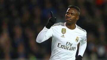BRUGGE, BELGIUM - DECEMBER 11: Vinicius Junior of Real Madrid celebrates after scoring his team's second goal during the UEFA Champions League group A match between Club Brugge KV and Real Madrid at Jan Breydel Stadium on December 11, 2019 in Brugge,