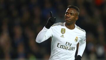 BRUGGE, BELGIUM - DECEMBER 11: Vinicius Junior of Real Madrid celebrates after scoring his team&#039;s second goal during the UEFA Champions League group A match between Club Brugge KV and Real Madrid at Jan Breydel Stadium on December 11, 2019 in Brugge,