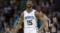 File-This March 26, 2019, file photo shows Charlotte Hornets&#039; Kemba Walker (15) reacting after making a basket against the San Antonio Spurs during the second half of an NBA basketball game in Charlotte, N.C. A person with knowledge of the situation says Kemba Walker has told the Charlotte Hornets of his intention to sign with the Boston Celtics once the NBA&#039;s offseason moratorium ends July 6. Walker is planning to meet with the Celtics on Sunday, June 30, 2019, to discuss and likely finalize a four-year, $141 million deal, according to the person who spoke to The Associated Press on condition of anonymity because neither Walker nor the Hornets publicly revealed any details. (AP Photo/Chuck Burton, File)