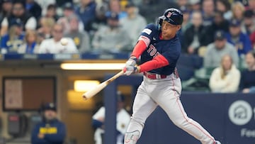 MILWAUKEE, WISCONSIN - APRIL 23: Masataka Yoshida #7 of the Boston Red Sox hits an RBI sacrifice fly in the first inning against the Milwaukee Brewers at American Family Field on April 23, 2023 in Milwaukee, Wisconsin.   Patrick McDermott/Getty Images/AFP (Photo by Patrick McDermott / GETTY IMAGES NORTH AMERICA / Getty Images via AFP)